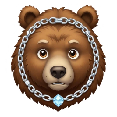 Fierce brown bear walking on four paws with an ice chain necklace, frozen chain links made of crystal clear ice, serious face sticker