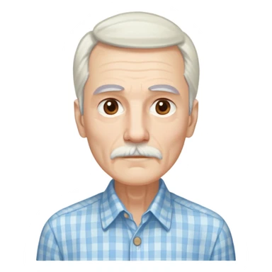 Skinny man in his 70s with fair skin. Long narrow face. Gentle light brown eyes. Long, flowing straight white hair reaching past shoulders, with light bangs. Thin eyebrows. White goatee connected to mustache. Slender appearance. Wearing a light blue and beige checkered button-up shirt. sticker