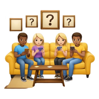 group of friends on couch playing a trivia game couch should be deep dark yellow color.  include a small wooden table in front of the couch as well sticker
