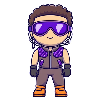 close-up of bad guy male athlete with white skin and moderately curly dark brown hair on top with shaved sides, wearing ski goggles with purple frames and very dark black lenses, a simple plain black chain necklace, and a completely unzipped sleeveless vest with purple and black sequin fire pattern design with no logo, with an extremely arrogant expression sticking his tongue out mockingly, looking menacing and villainous sticker