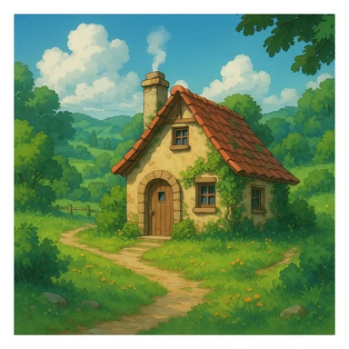 cozy cottage in a lush landscape, ghibli style sticker