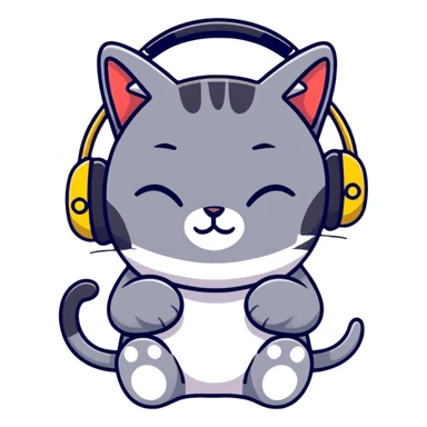 tired sad cat with a gun and headphones, cartoon sticker sticker