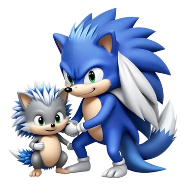 Blue Sonic the hedgehog, black Shadow the hedgehog, and small baby Silver the hedgehog holding hands together in a row sticker