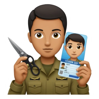 Floating black Scissors cutting in half an idf soldier ID card with a little chip in 2 parts .hyper realistic sticker