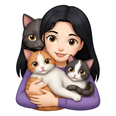 happy girl with black hair hugging three cats  (dark calico cat, gray cat, brown calico cat) sticker