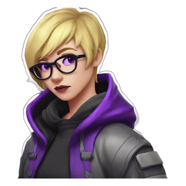 Girl blond artist with round glasses left side behind his laptop with this style: valorant riot Game purple character purple black hooded hacker themed character sticker