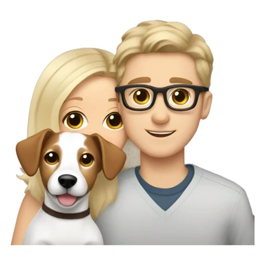 Blonde girl and her white boyfriend with brown hair and glasses cuddling a jack Russell  sticker