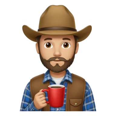 generate an ios genmoji of a 20 year old tan boy with a cowboy hat and mutton chop beard. Wearing a flannel and carrying a coffee mug sticker