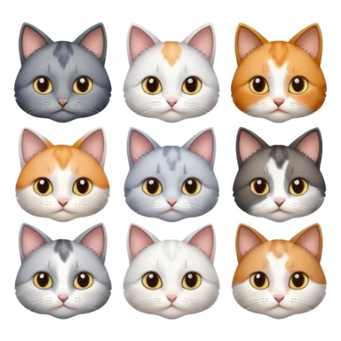 6 realistic looking cats with different natural coloured coats, assorted grey and white, greys, calico, brown and white colours etc
 sticker
