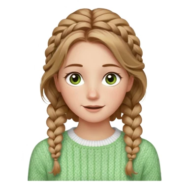 light brown hair blonde hair hazel/green eyes woman with a white cable knit sweater and one braid down her back  with tendrils of hair flowing down her face and she is happy pale, some freckles, blush. she has a cateye wing and long lashes sticker