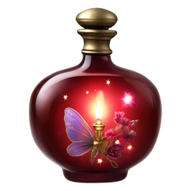 Dark red magic fairy light sparkling old Antique oil perfume bottle with herbal and flowers sticker