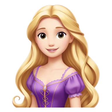 Cinematic Radiant Rapunzel Portrait Emoji, rendered in a flat vector style with clean proportions. Show Rapunzel with a gentle smile, fair, glowing skin, and her iconic long golden hair cascading softly, wearing a simple, elegant purple dress. The image radiates a warm, enchanting glow, high shine, and is accentuated by a soft glowing outline. sticker