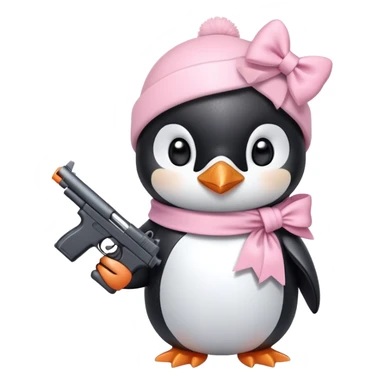 cute penguin wearing light pink bow on neck and holding light pink gun  sticker