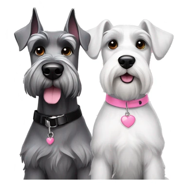 A big gray schnauzer with dark eyes wearing a black collar next to a small all white puppy schnauzer wearing a pink collar  sticker