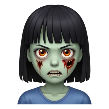 Zombie emoji Girl straight hair and bangs with a serious face and sharp teeth sticker