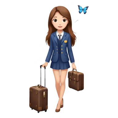 Girl with long brown hair with a suitcase, ready for travel, passport in hand and butterflies around her elegant cute outfit sticker