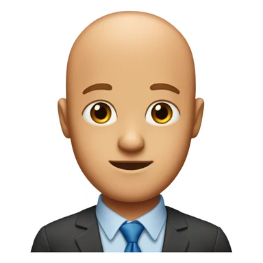 an almost bald man with orange hair on his sides, a red shirt and a blue tie sticker