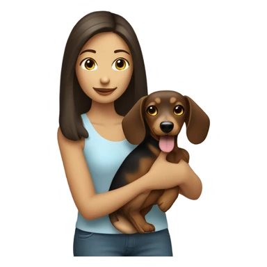 a brunette girl holding a blonde sausage dog sticker