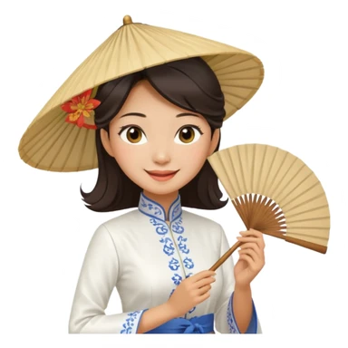 a vietnamese woman wearing a white ao dai holding a folding fan elegantly, wearing a nón lá sticker