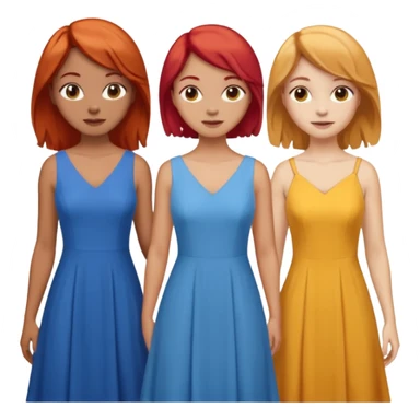 Can you create an image of 3 friends together one with red bright hair light skin one the other with brown hair with some blonde highlights in the hair fair skin the last one with light brown a tint of orange hair with flowy dresses sticker