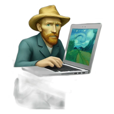 Vincent van Gogh working behind a macbook sticker