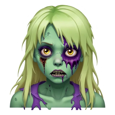 undead zombie girl with rotting green skin, purple bruises, messy long blonde hair with bangs, cracked lips sticker