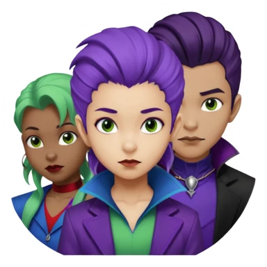 Solo poly platonic relationship, one African girl, one Asian boy, one biracial features Asian tomboy girl rat-tail hair long and upper masculine hair 90s, vampire and marvel cosplay elements inspired  use marvel colours, like instead of obvious human, green purple blue etc,  sticker