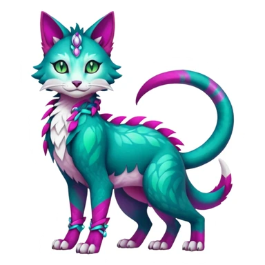 Kawaii colorful iridescent dark-turquoise-green and magenta and white beautiful pretty elegant divine edgy feline-vernid-sergal-Fakémon-Pokémon-fursona-animal-creature with accessories, full body, with intricate detailed markings sticker