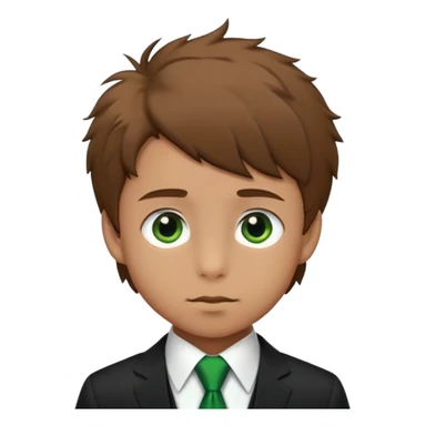 Boy in black suit green tie with brown short fluffy hair and long nose sticker