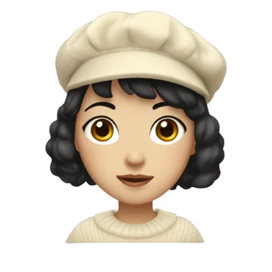 korean girl short black hair sharp jawline, wearing a cream sweater and beret sticker