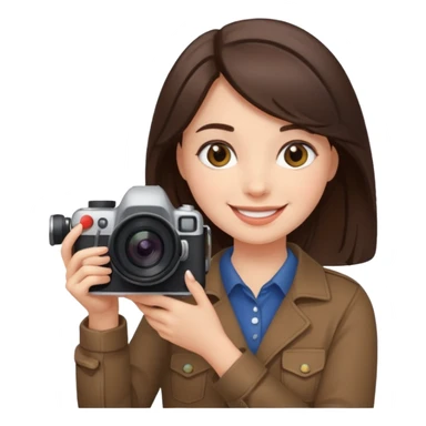 A brunette girl smiling, she’s a proud and successful filmmaker 🍿🌍✨ Holding a camera or behind / next to a camera, / holding awards  sticker