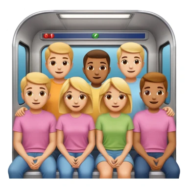 group of five cheerful people, men and women, standing and sitting close together in a subway car that looks like Apple emoji subway, dressed in different pastel t-shirts, Apple emoji style sticker