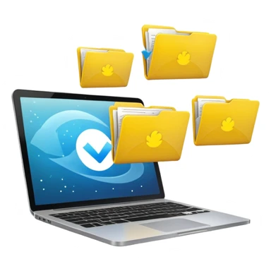 An open laptop with yellow folders containing data flying out. sticker