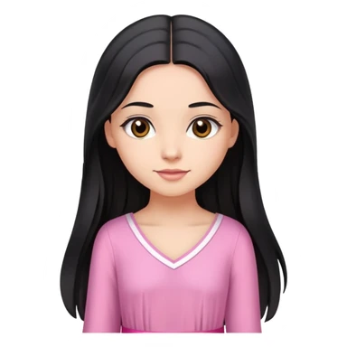 Beautiful girl with very long straight flowing black hair with small waves only at the ends, brown eyes, light skin, slight smile, pink ribbon in hair, and pink dress sticker
