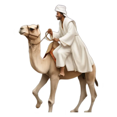 a man in white robes riding a camel in the desert sticker