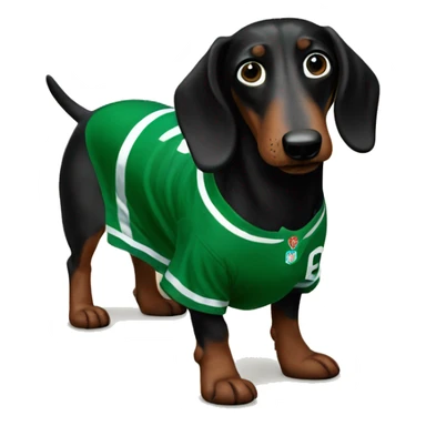 A black wiener dog wearing Celtics jersey sticker