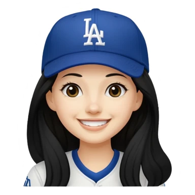 Can you make an emoji of a girl with fair skin with black long hair wearing an LA dodger hat. Only include her face no neck.  sticker
