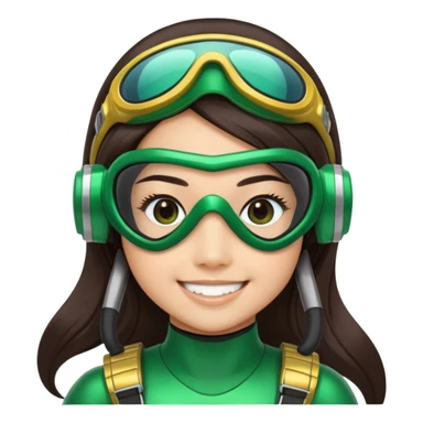 green Power Ranger, Asian girl with long straight dark brown hair, side part, big smile, scuba goggles sticker