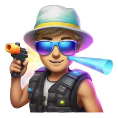 Caucasian boy in glowing rave gear with sunglasses and mask and hat and headlamp and shooting a bubble gun sticker