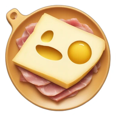 A big Melting raclette cheese in a plate with a little piece of ham and 4 potatoes  sticker