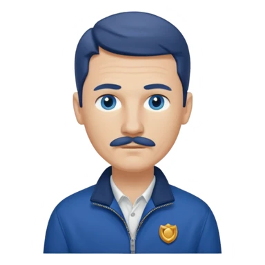 Coach Heider from Mysterious Skin with blue eyes, dark blonde hair and thin mustache, dark blue shirt, white jacket sticker