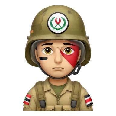 Tired Iraqi soldier wearing helmet with Iraqi flag, sad expression, half open eyes and bags under eyes, reflecting fatigue and pain sticker