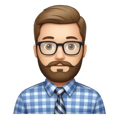 Bearded man with glasses wearing a plaid shirt with a striped tie sticker