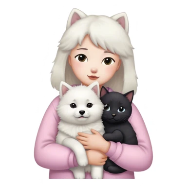 Samoyed and black British cat hug children in pastel clothes sticker