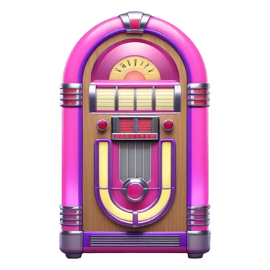 3D render of Jukebox, vintage 1980s audio equipment aesthetic, tactile analog buttons, neon pink and purple light tubes with chrome trim, mixed wood grain and brushed aluminum textures, Apple emoji style, isolated on white background --v 6.0 sticker