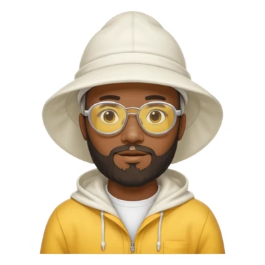black male bee keeper with beard, white hat and yellow glasses, white outfit, white hood sticker