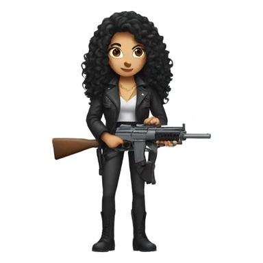 woman with long black curly hair and a gun sticker