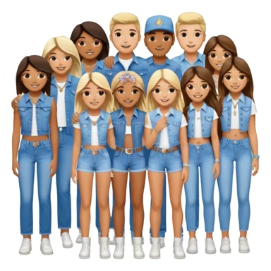 Group of 19 friends at Coachella festival in matching denim and diamonds themed outfits (9 girls and 10 boys) sticker