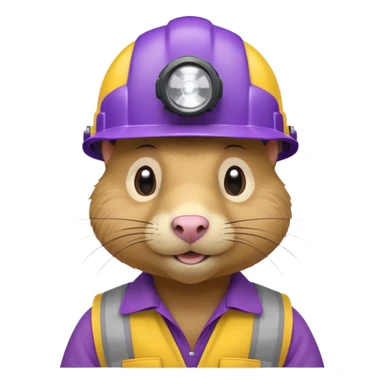 a mole rat, purple helmet, headlamp, yellow worker cloth sticker