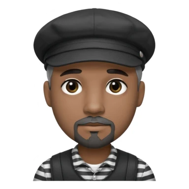 White Man with a dark grey goatee and a black newsboy cap. He is wearing a black and white striped shirt. He is wearing heavy dark black eye makeup sticker